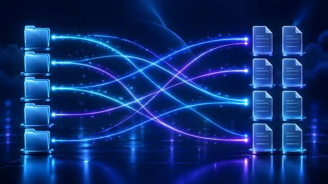 Futuristic digital data transfer network with glowing light trails connecting document files representing secure server migration and information exchange