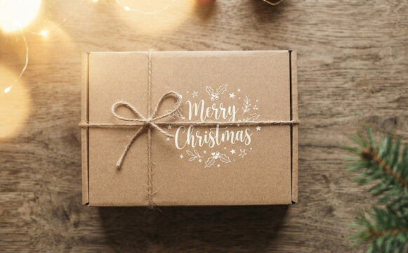 Cardboard gift box with Merry Christmas typography and twine string bow on rustic wooden background for winter holiday presentation and seasonal commerce