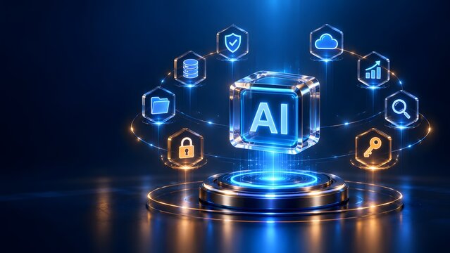 Futuristic artificial intelligence glowing cube connecting to digital business and security icons representing automated machine learning ecosystem