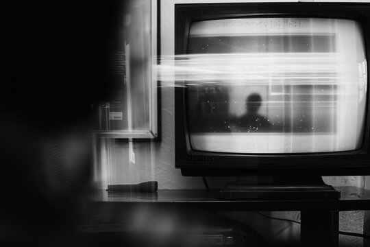 Viewer watches static on old TV set, silhouetted figure, background home