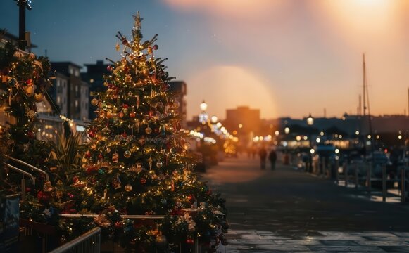 Festive illuminated Christmas tree decorated with lights by the harbor at sunset for winter holidays celebration concepts
