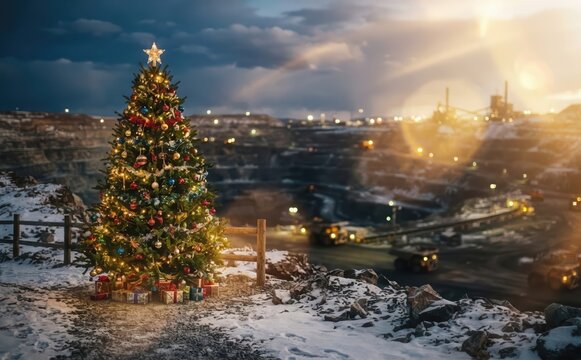 Decorated Christmas tree standing outdoors near a large industrial open pit mining quarry with snowy landscape