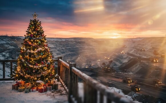 Decorated Christmas tree overlooking an open pit coal mine at sunset, concept of industry and holidays