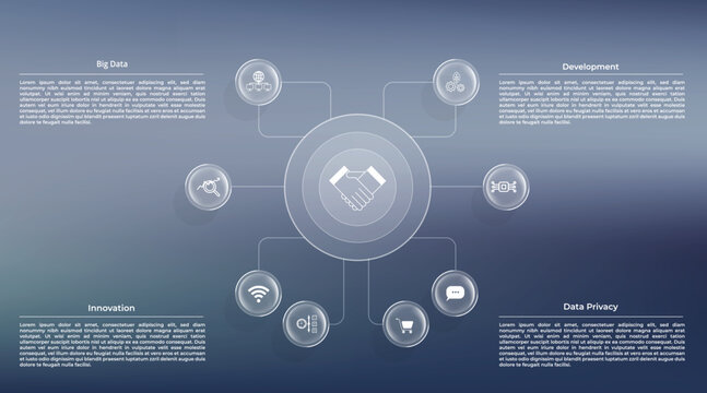 Glassmorphism business infographic featuring 8 buttons, a liquid glass central sphere. Icons of hands negotiating appear in the center; Technology concept for agreements. Diagram, Scheme