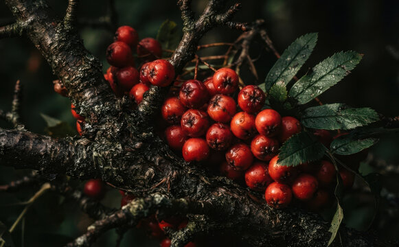 Moody rowan tree branch with vibrant red berries and dark green leaves in autumn forest, representing nature beauty, seasonal harvest, and wild botany photography