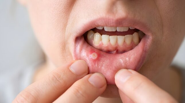 Close up view of a person showing a painful aphthous ulcer or canker sore on the inner side of the lower lip, concept of oral hygiene, mouth infection, stomatitis, and dental health care.