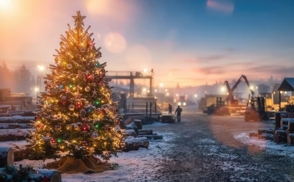 Decorated Christmas tree glowing at a lumber yard with logs and machinery in a snowy winter industrial landscape