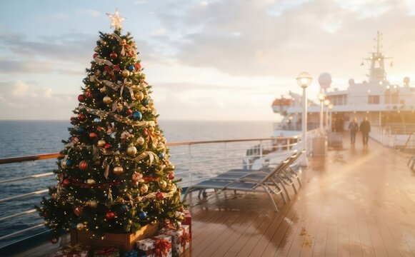 Christmas tree decorated on a cruise ship deck with ocean view at sunset, celebrating holidays at sea and tropical vacation concepts