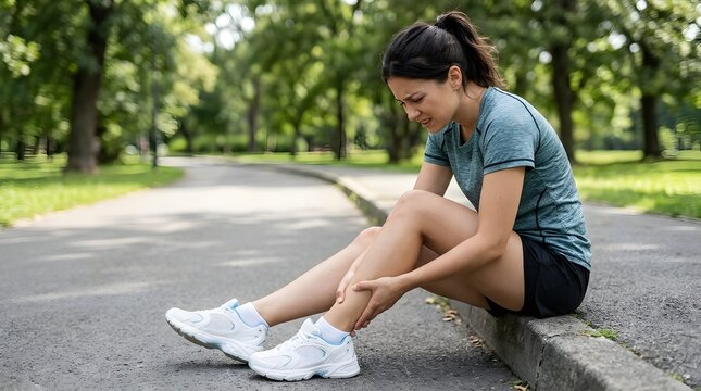 Young athletic woman sitting on the edge of a park path holding her injured leg in pain after running, expressing intense discomfort from a sports injury or muscle cramp during outdoor exercise