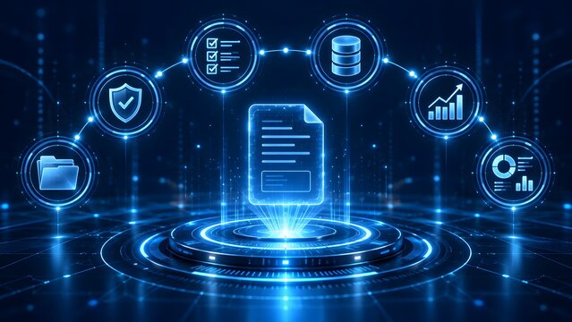 Digital document management system with data security analytics and checklist icons on a futuristic blue background