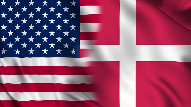Split screen composition of the United States flag and the Danish flag as rippling fabric, merged through a soft blurred blend where the two designs meet.