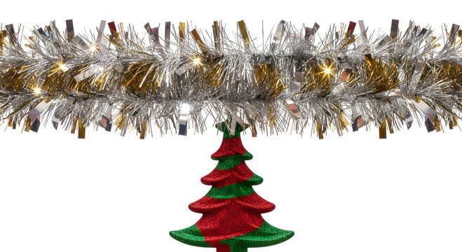 Festive silver and gold tinsel garland above a red and green glitter Christmas tree ornament, isolated on white.