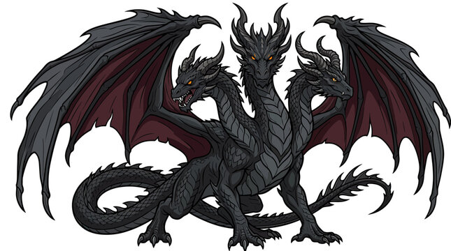 Mythical Three-Headed Black Dragon Creature
