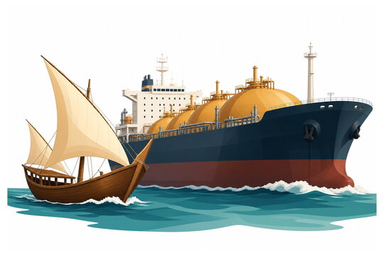 A traditional wooden dhow sailing beside a modern supertanker