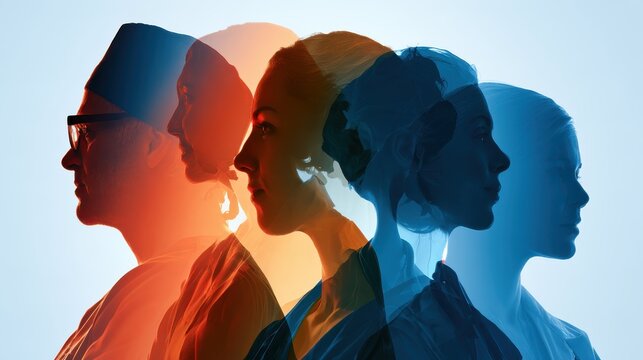 Multi-layered silhouettes of a multi-disciplinary medical team (surgeon, therapist, doctor), overlapping transparent layers
