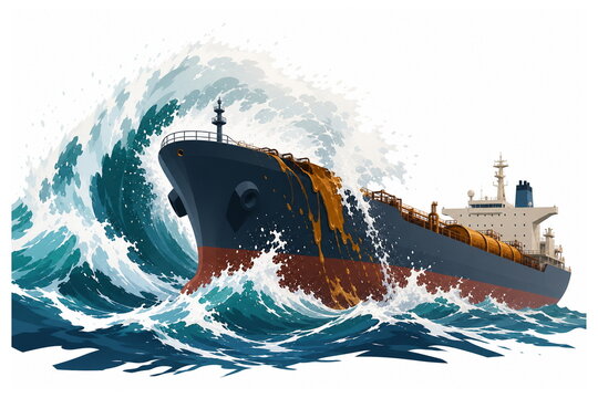 Huge wave crashing over the bow of a tanker with dramatic white spray