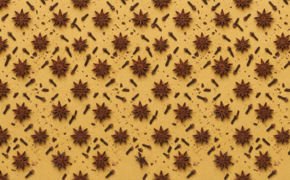 Star anise and cloves seamless pattern background on brown paper, flat lay aromatic spice design for food packaging and culinary concepts