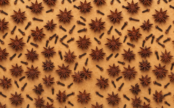 Star anise and clove seamless pattern flat lay on wooden background for culinary spice and aromatic seasoning design concepts