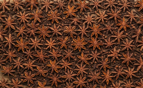 Star anise and cloves flat lay background texture, aromatic dried spices pattern for culinary design, seasoning and flavoring concept