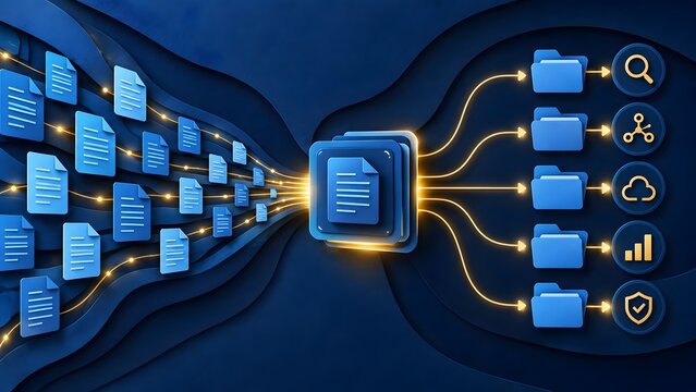 Digital data flow from documents to organized folders with icons for search cloud analytics and security on dark blue background
