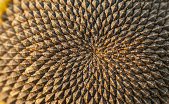 Close up macro view of a sunflower seed head showing natural mathematical fibonacci spiral patterns for botany and texture design