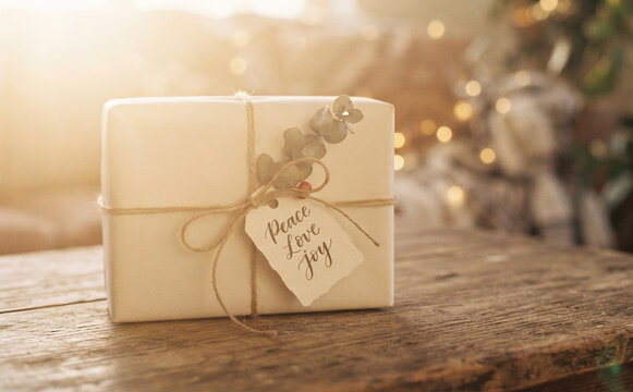 Wrapped Christmas gift box with twine string and Peace Love Joy tag on wooden table