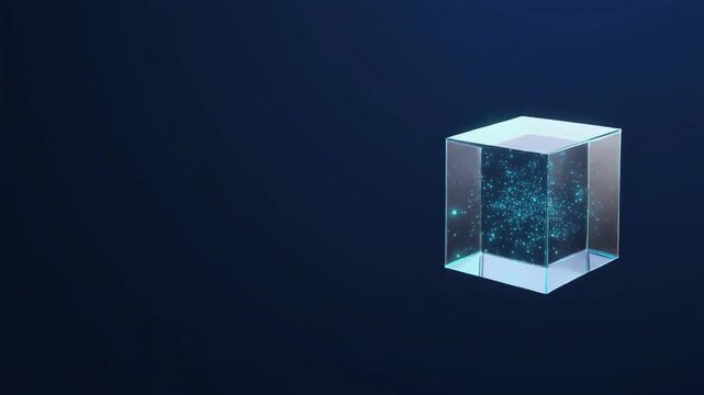 Abstract technology scene with one transparent glass cube floating steadily on dark blue background