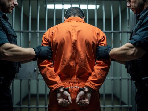 Two officers hold a prisoner in an orange jumpsuit who is handcuffed in a dark prison cell.