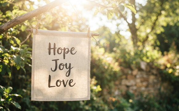 Hanging canvas banner with Hope Joy Love text in a sunlit garden setting representing inspiration positivity and peaceful outdoor motivation