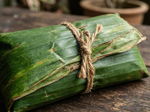 Traditional food package wrapped in a green banana leaf. Eco friendly parcel tied with natural twine on a rustic wooden table