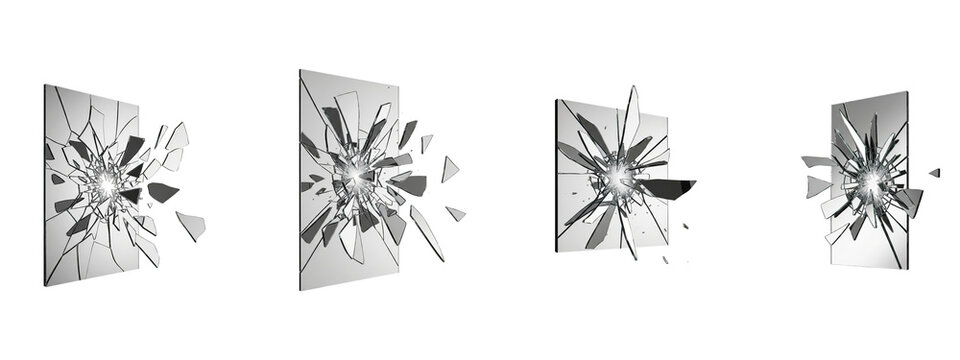 Shattered glass panels with cracks exploding against a black background