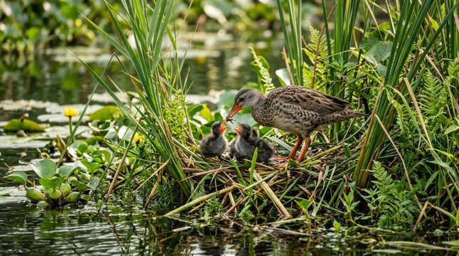 Mother Bird Feeding Chicks in Nest