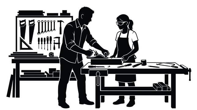 Skilled carpenter man and young apprentice woman using woodworking tools together in a professional workshop silhouette graphic illustration created with bold black and white shapes