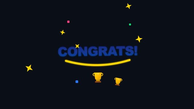 Digital graphic featuring the word congrats with stars and trophies on a dark background.