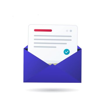 An open blue envelope contains a white document with a green checkmark in a 3D style.