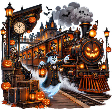 Halloween Ghost Steam Train with Haunted Locomotive Illustration