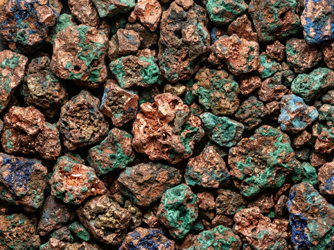 Raw copper ore texture with green malachite and blue azurite deposits. Close up of rough natural metallic mineral rocks