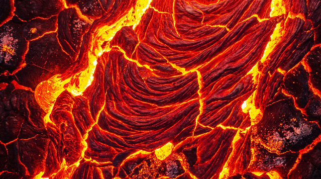 Molten lava flowing through cracked volcanic rock surface with glowing orange heat and texture