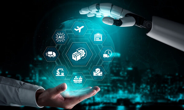 Human and robot hands interact above a glowing globe, symbolizing the fusion of technology, logistics, and artificial intelligence in a modern digital landscape. Ledger