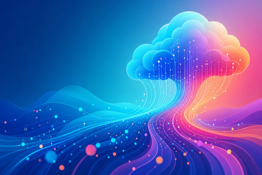Cloud Computing Illustration featuring Glowing Data Transmission Lines