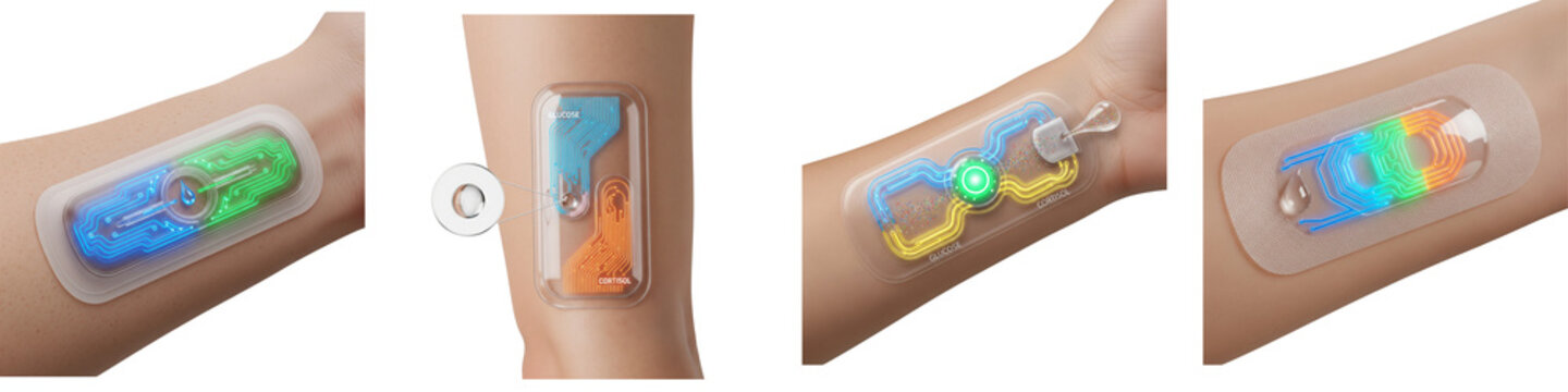 Wearable biosensor patches monitoring glucose and cortisol on human skin