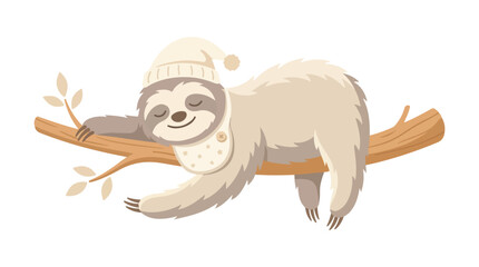 Obraz premium A cute cartoon sloth wearing a nightcap sleeps peacefully on a tree branch in this charming vector illustration.