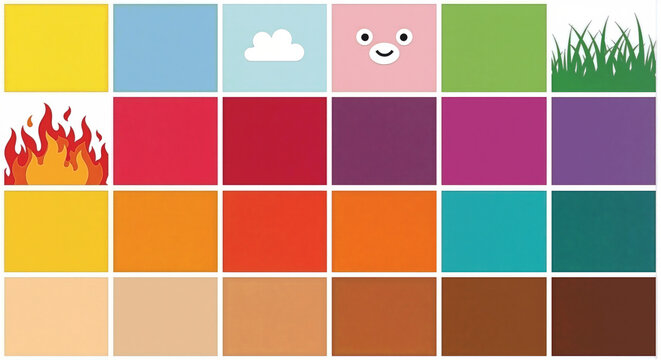 Colorful grid swatch collection with fire cloud grass and cute character icons arranged in neat vibrant square tiles