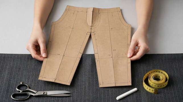 M&atilde;os segurando molde de cal&ccedil;a em kraft sobre l&atilde; risca de giz grafite, com tesoura prateada e giz branco