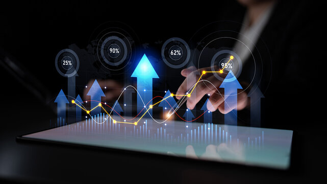 A digital tablet displays vibrant financial growth data with rising arrows and percentage indicators, showcasing modern trends in business analytics and performance insights. Scalp