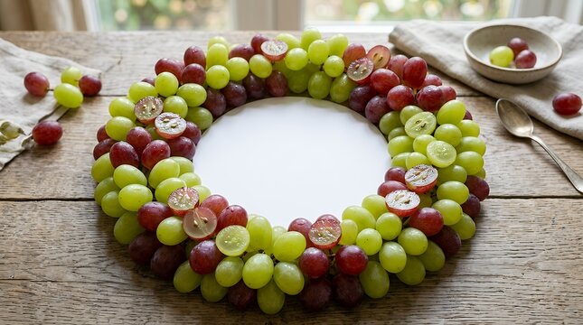 A circular wreath made of fresh green and red grapes arranged on a rustic wooden table surface with a blank white center space for text or design elements in a bright natural kitchen setting
