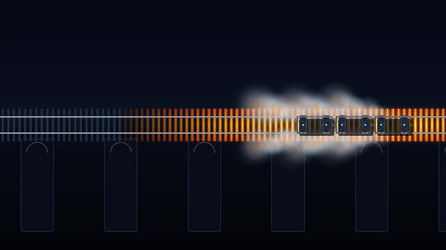 Stylized 2D animation of a high-speed transit vehicle cruising on tracks, featuring an intense glowing orange heat trail and white steam vapor against a dark minimalist background.