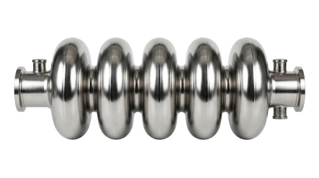 Whole intact seamless niobium superconducting radiofrequency SRF cavity resonator for particle accelerators, mirror-polished elliptical dumbbell structure isolated on transparent background