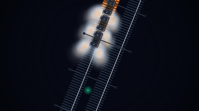 Top down view of an abstract motion graphic representing a futuristic dual track signal corridor with glowing orange units and data packets moving through a dark digital infrastructure.