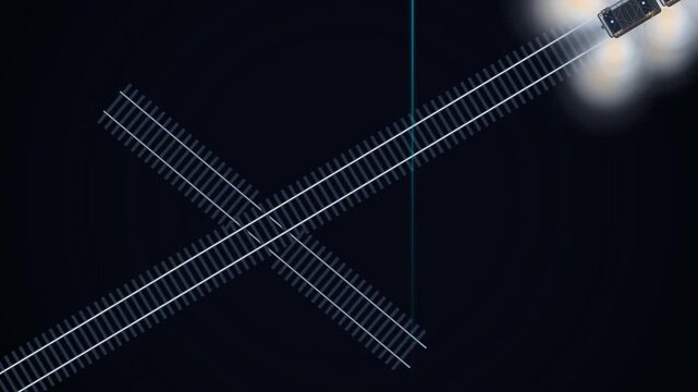 Stylized top down animation of a technical railway yard schematic showing a rail vehicle performing a crossover maneuver with deceleration along glowing tracks in a dark digital environment